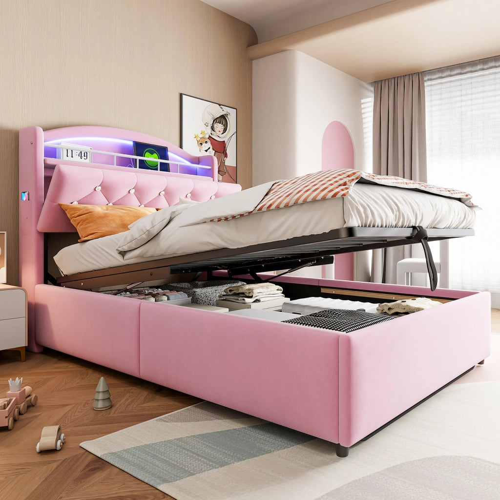 OKWISH Letto Contenitore 90×200 cm, Letto Singolo con LED Regolabile, USB, Type-C e Contenitore, senza Materasso, in Tessuto, Rosa