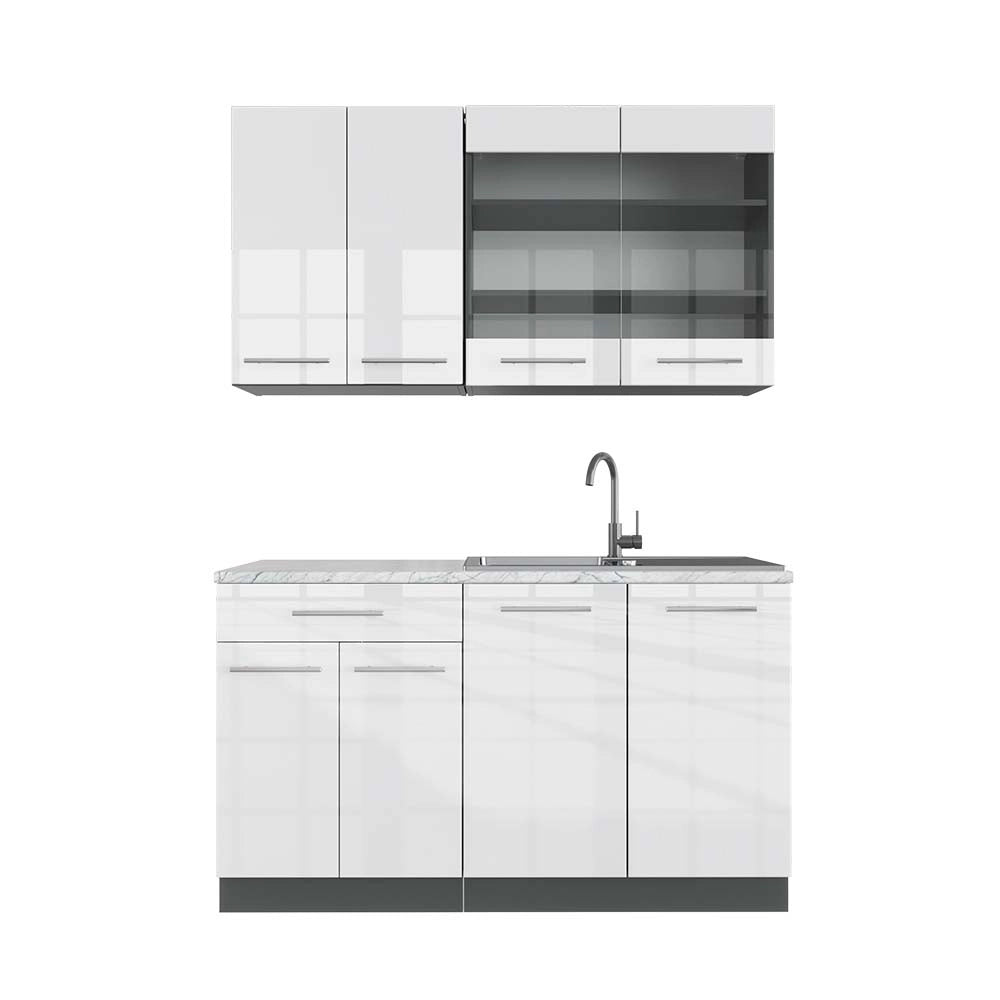 Cucina completa Fame-Line Bianco lucido/Antracite 140 cm, PL Marmo Vicco