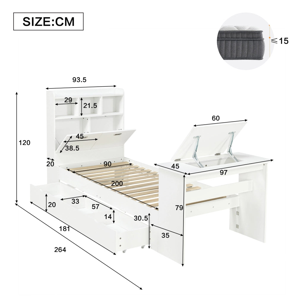 Letto con Cassetti 90x200 cm; Letto Singolo - Tavolo Pieghevole e Mensole - Bianco