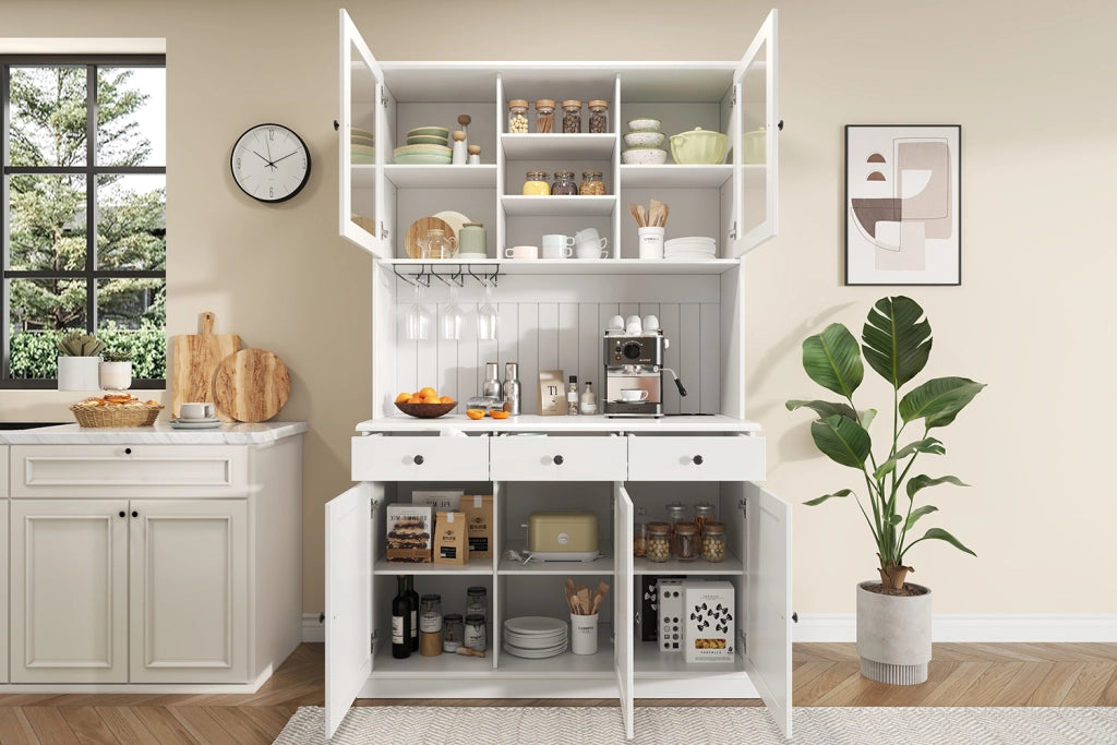 Credenza alta da soggiorno e sala da pranzo 120×40×191 cm, con ante in vetro, portabicchieri, prese e porte USB