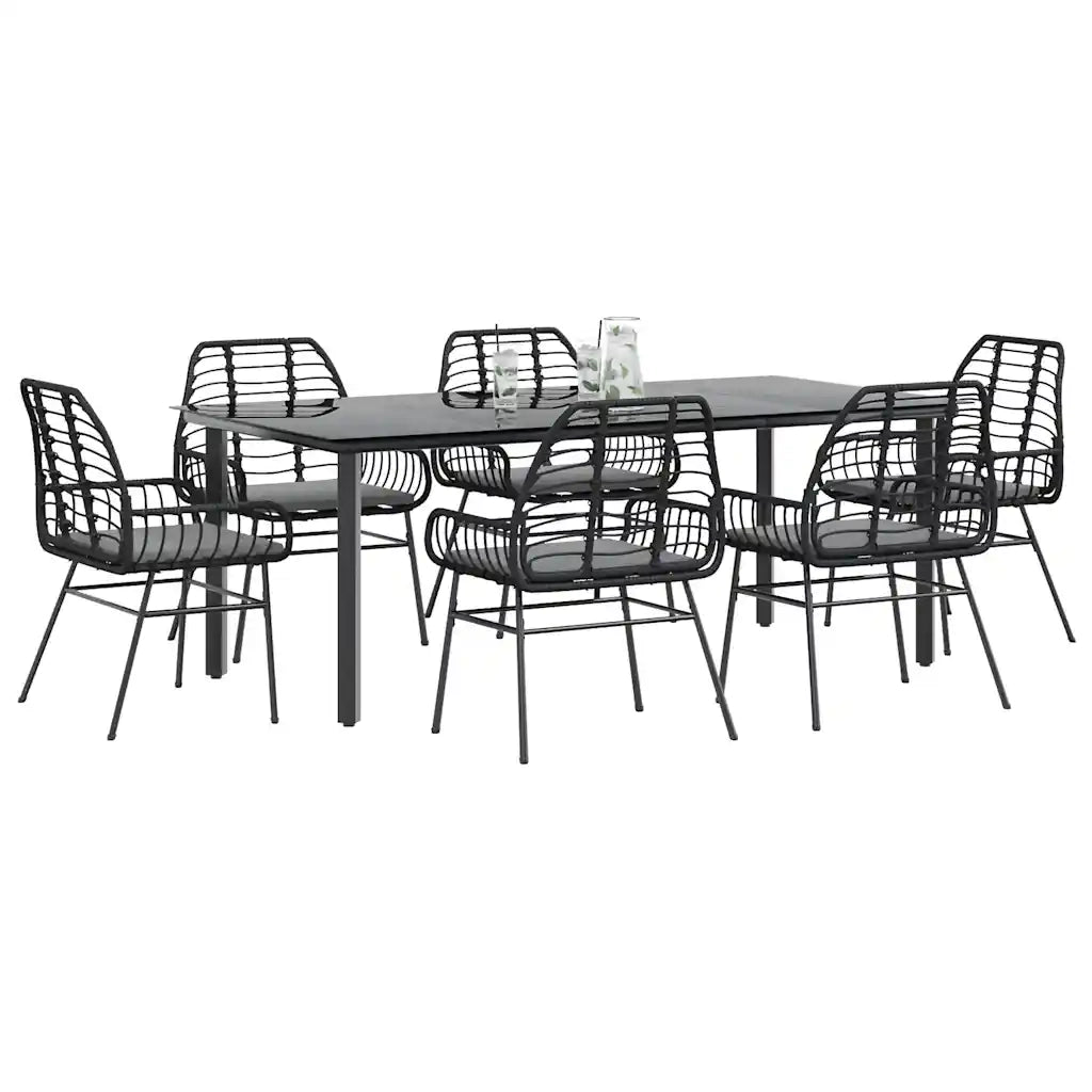 vidaXL Set Pranzo da Giardino 7 pz Nero con Cuscini Polyrattan Vetro