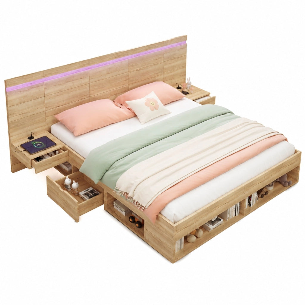 Letto matrimoniale 180x200 cm con contenitore, testiera LED, prese USB e USB-C, 2 comodini, MDF naturale