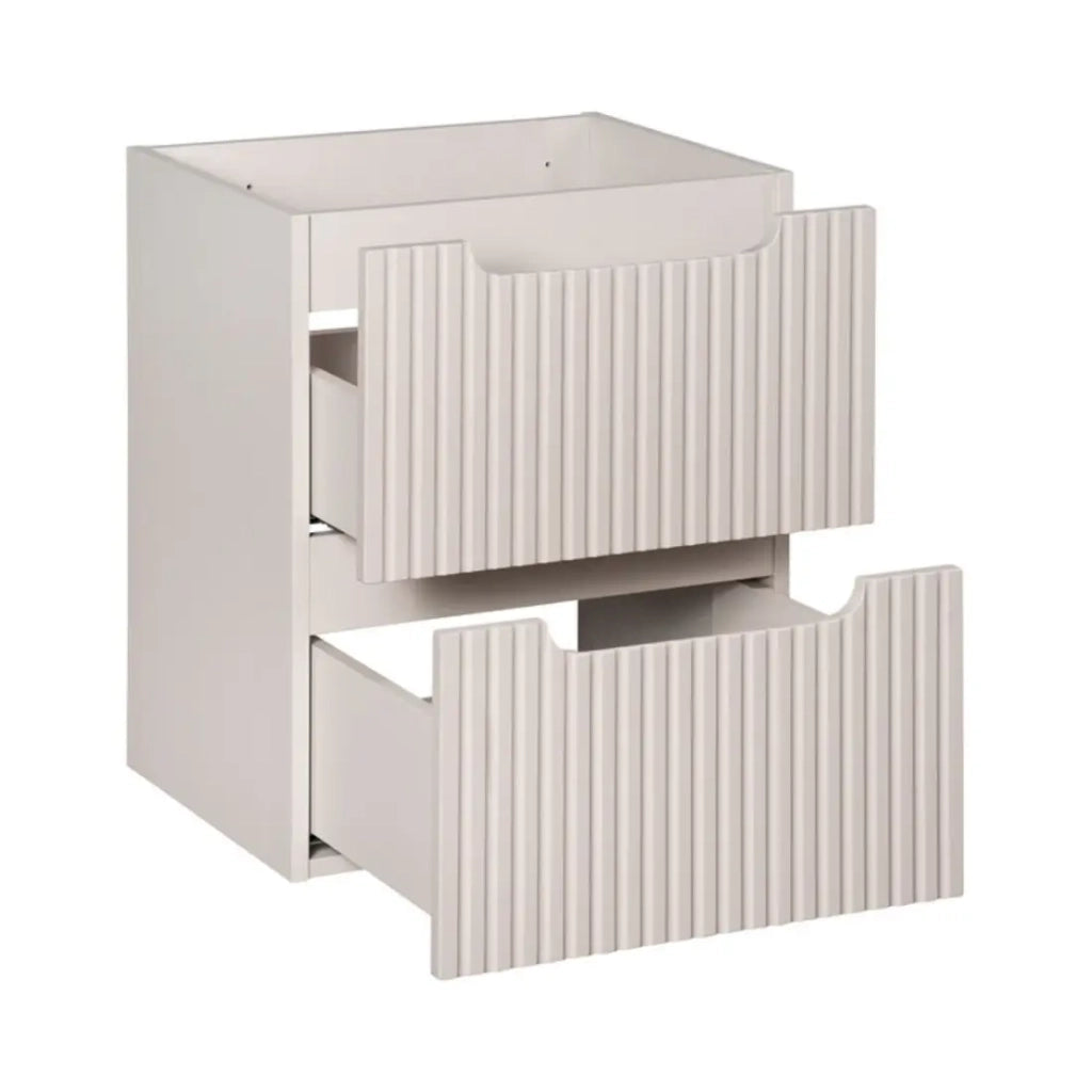 Set VANO cashmere e quercia 50cm: mobile sottolavabo con cassetti + piano per lavabo + lavabo rettangolare da appoggio