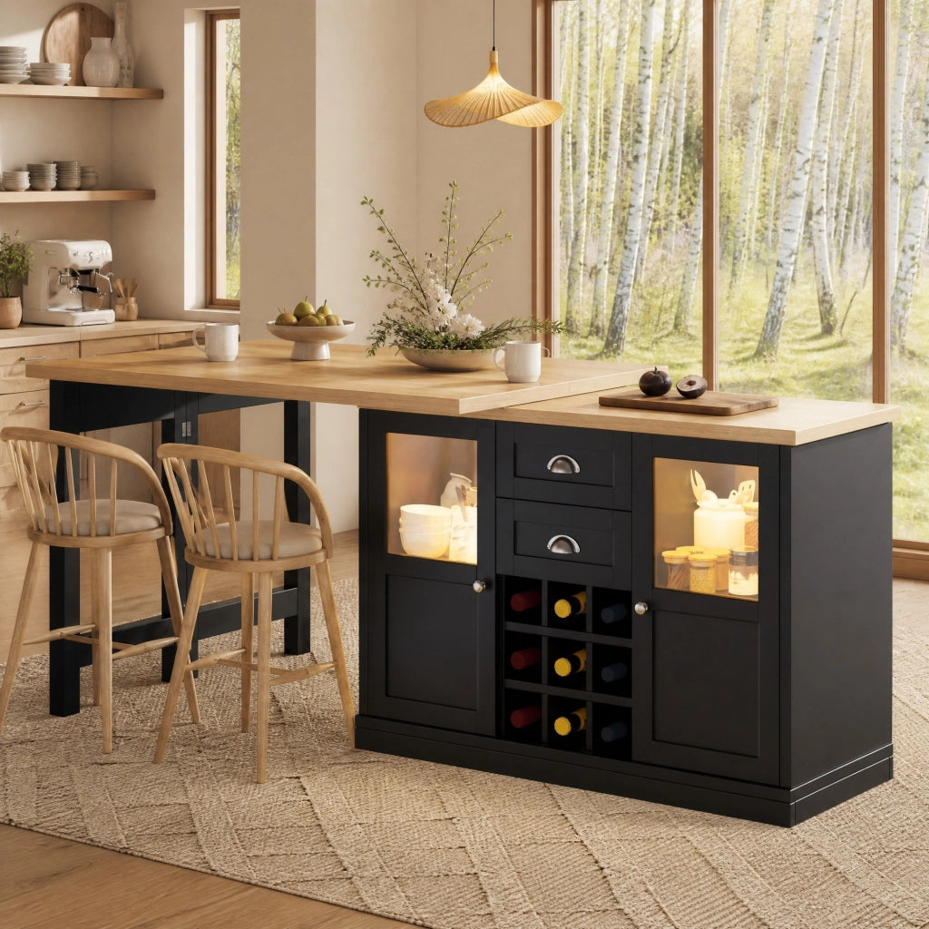 TAVOLO Allungabile Girevole 360° 120-197 cm MDF Nero con spazio contenitore
