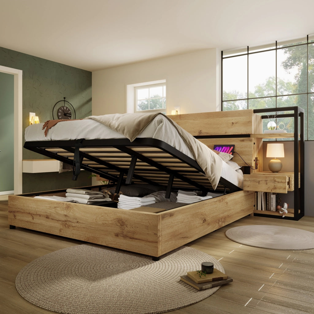 Letto contenitore matrimoniale 160 × 200 cm con cassetti, USB e Type-C, senza materasso, in MDF e metallo, rovere