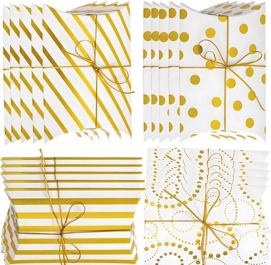 Scatole di regalo 20 pezzi - Strisce d'oro/Con punti - Materiale robusto - Imballaggio pieghevole - Scatole per regali di nozze - 15 cm x 9,8 cm - Imballo di regalo