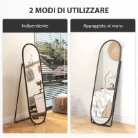 Specchio a Figura Intera da Terra con Supporto Pieghevole, in Vetro e Metallo, 40x41x159 cm, Nero