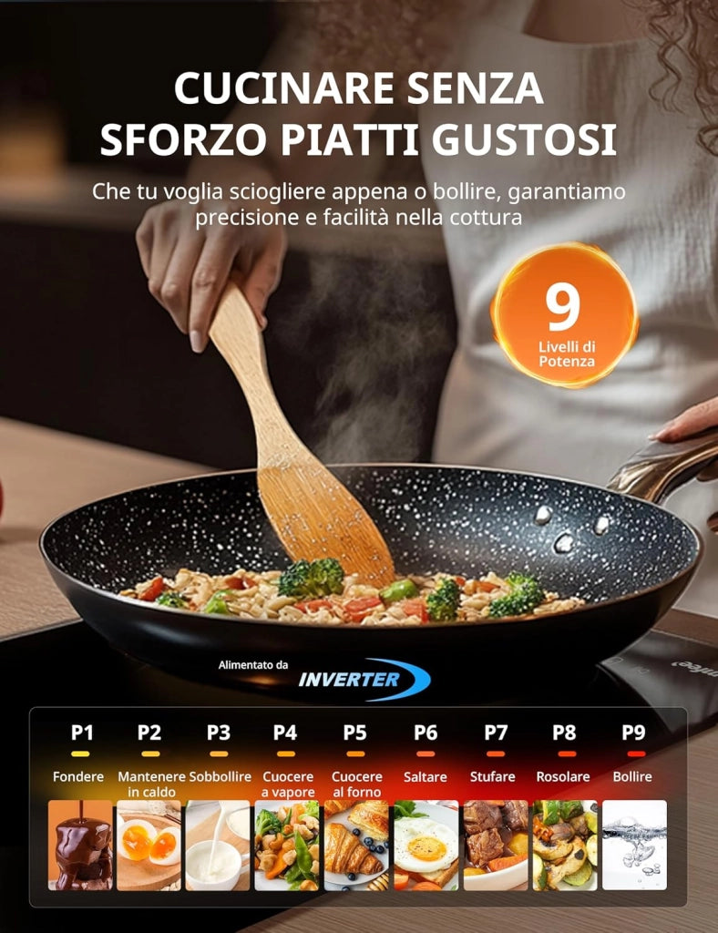 Comfee' cih351d215k1 piano cottura ad induzione con 2 zone flessibili, 9 livelli di potenza con funzione boost, superficie di cottura 20% maggiore, blocco bambino, controllo a tocco