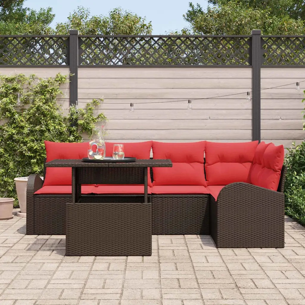 Set Divano da Giardino 6 pcs Marrone e rosso polyrattan