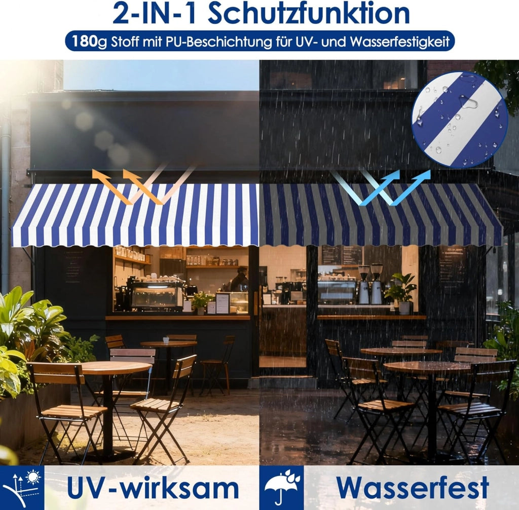Tenda da sole da balcone, larghezza 400 cm, senza foratura, con manovella, regolabile in altezza, protezione solare resistente alle intemperie, 400 x 120 cm, strisce blu