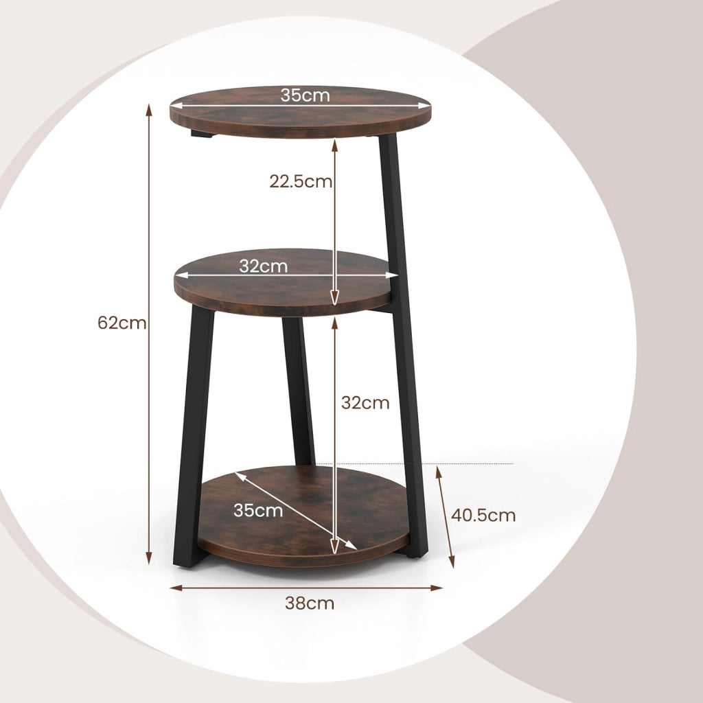 Tavolino a 3 livelli 62 cm, comodino con 3 ripiani in legno, tavolino da caffè con telaio in metallo con piedini regolabili, tavolino rotondo design industriale