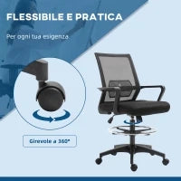 Sedia da Ufficio Regolabile in Tessuto a Rete con Braccioli e Anello Poggiapiedi, 64x59x104-124 cm, Nero