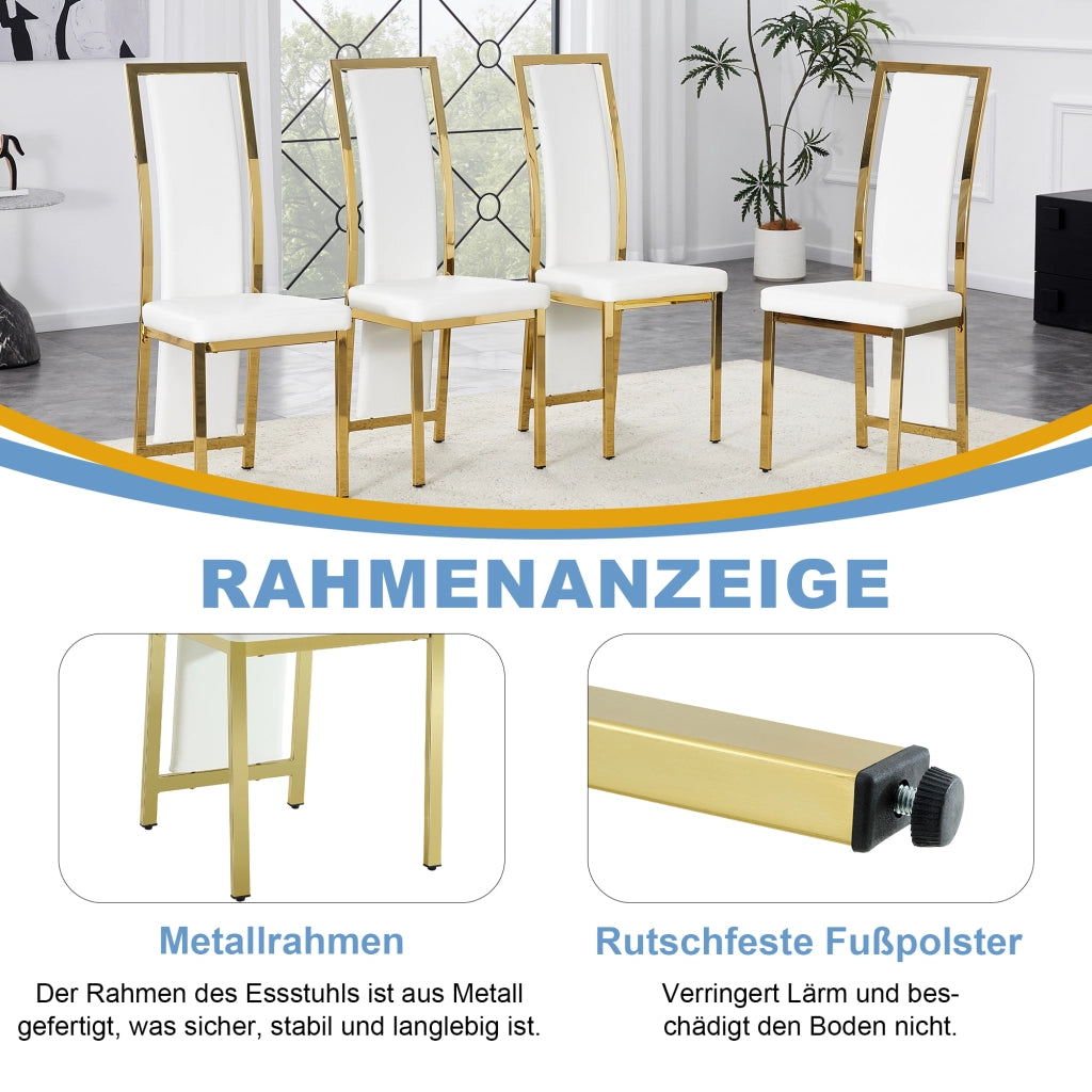 Sedia da pranzo Set di 4 con schienale ergonomico e piedini antiscivolo in similpelle PU Bianco e Oro