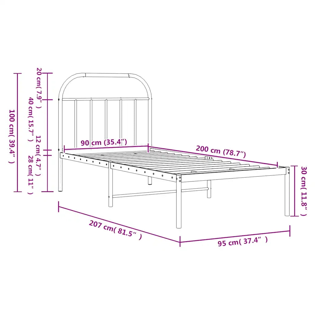 Letto singolo | Letto per adulti | Giroletto con Testiera in Metallo Nero 90x200 cm