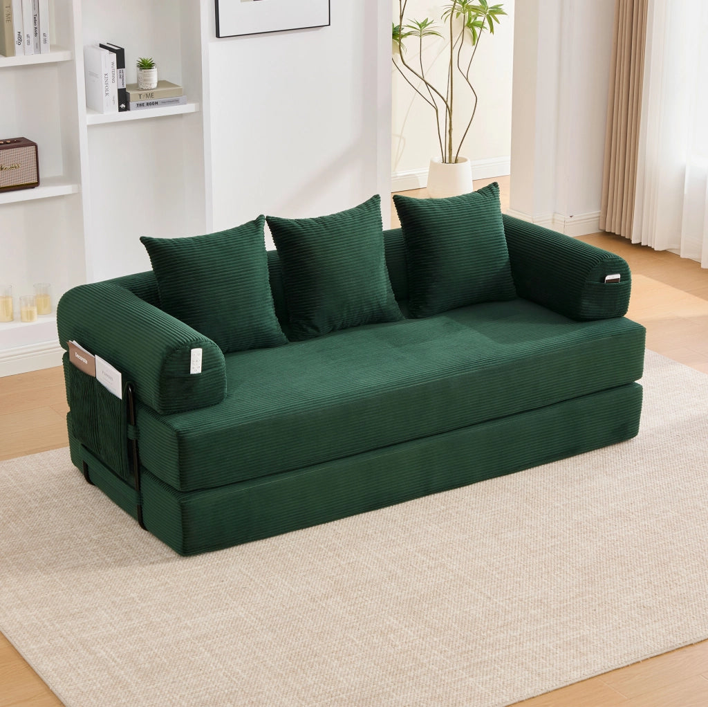 Divano modulare in velluto a coste 200x94x67 cm; colore Emerald con 3 cuscini