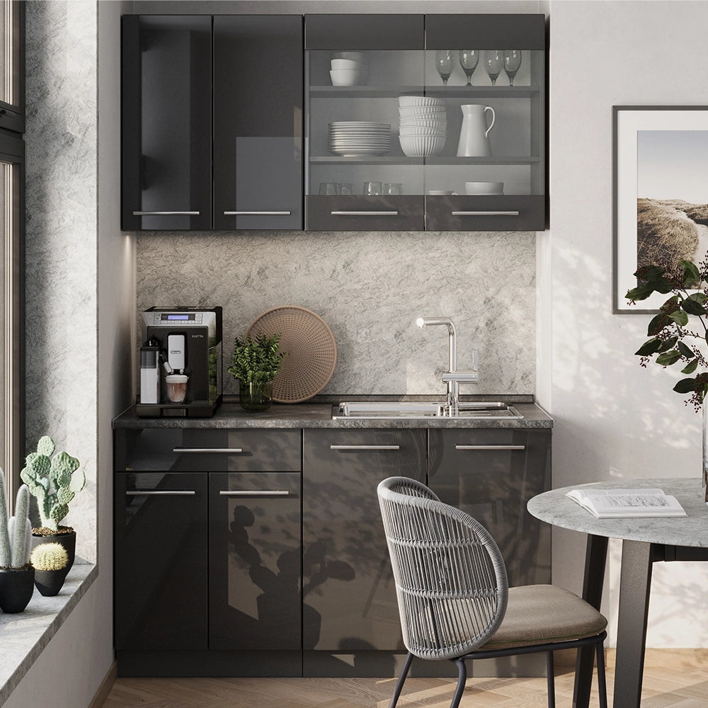 Cucina monoblocco Fame-Line Antracite lucido/Antracite 140 cm, PL Rovere Vicco