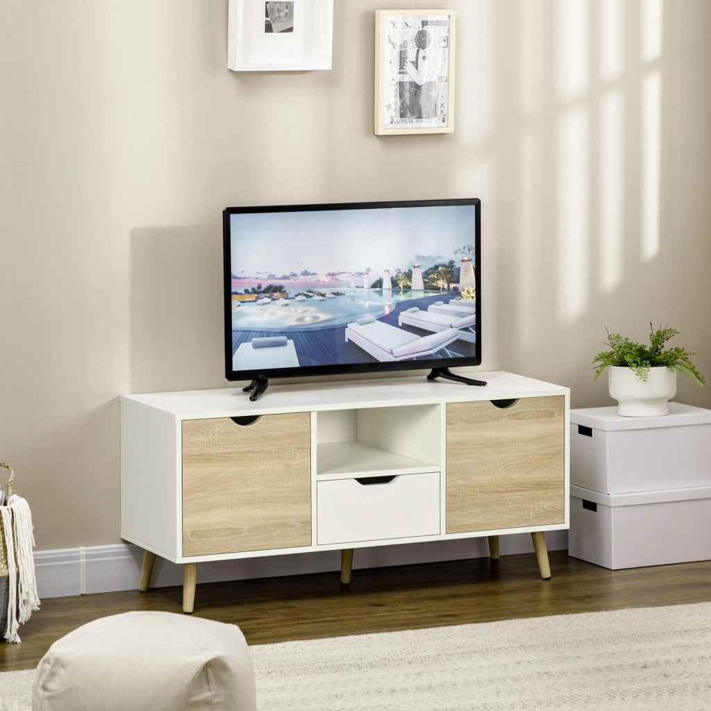 Mobile TV Moderno in Truciolato con Cassetti e Ripiani Aperti ¨C zephmum ¨C Bianco e Legno 110x40x50 cm