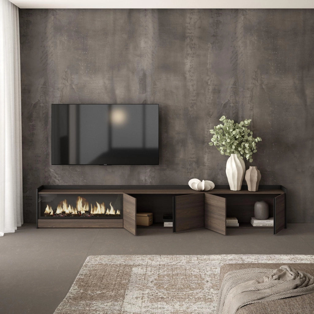 Mobile TV Soggiorno, 315x50x35 cm, Per TV fino a 80", Camino elettrico XXL, Rovere scuro e Nero
