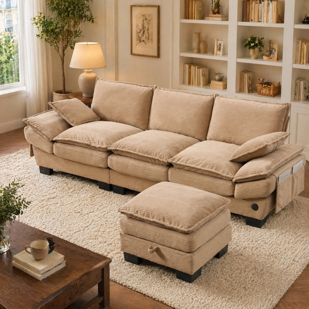 DIVANO 3 posti con pouf 260x132x84 cm in corduroy khaki con USB-C