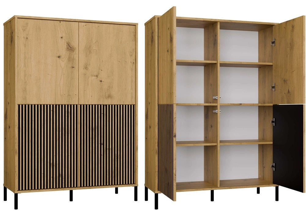 Vetrina KAMARO 4dk slim/liscio rovere artisan 4 ante doghe decorative frontale scanalato + classico per soggiorno