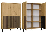 Vetrina KAMARO 4dk slim/liscio rovere artisan 4 ante doghe decorative frontale scanalato + classico per soggiorno