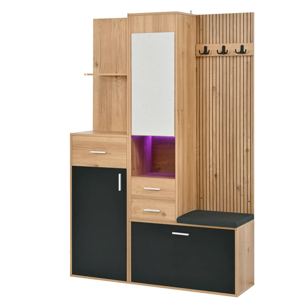 Mobile ingresso multifunzione con specchio; panca; 1 anta; cassetti; vano scarpe a ribalta e LED; per ingresso; 120 × 32 × 178 cm