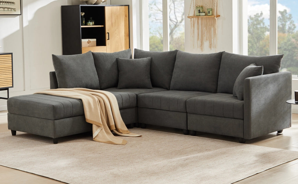 Divano angolare modulare 5 posti con pouf mobile e seduta ampia con cuscini per soggiorno in cotone e lino grigio