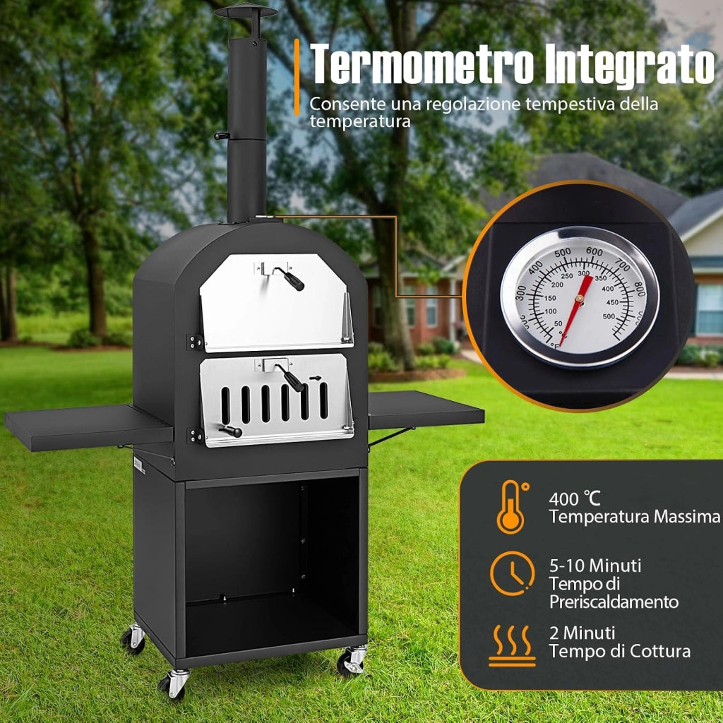 Forno per Pizza da Esterno con Ruote, Forno a Legna per Pizza con Copertura Protettiva, Pala per Pizza, Griglie e Termometro Integrato, per BBQ, Campeggio e Festa (Modello 1)