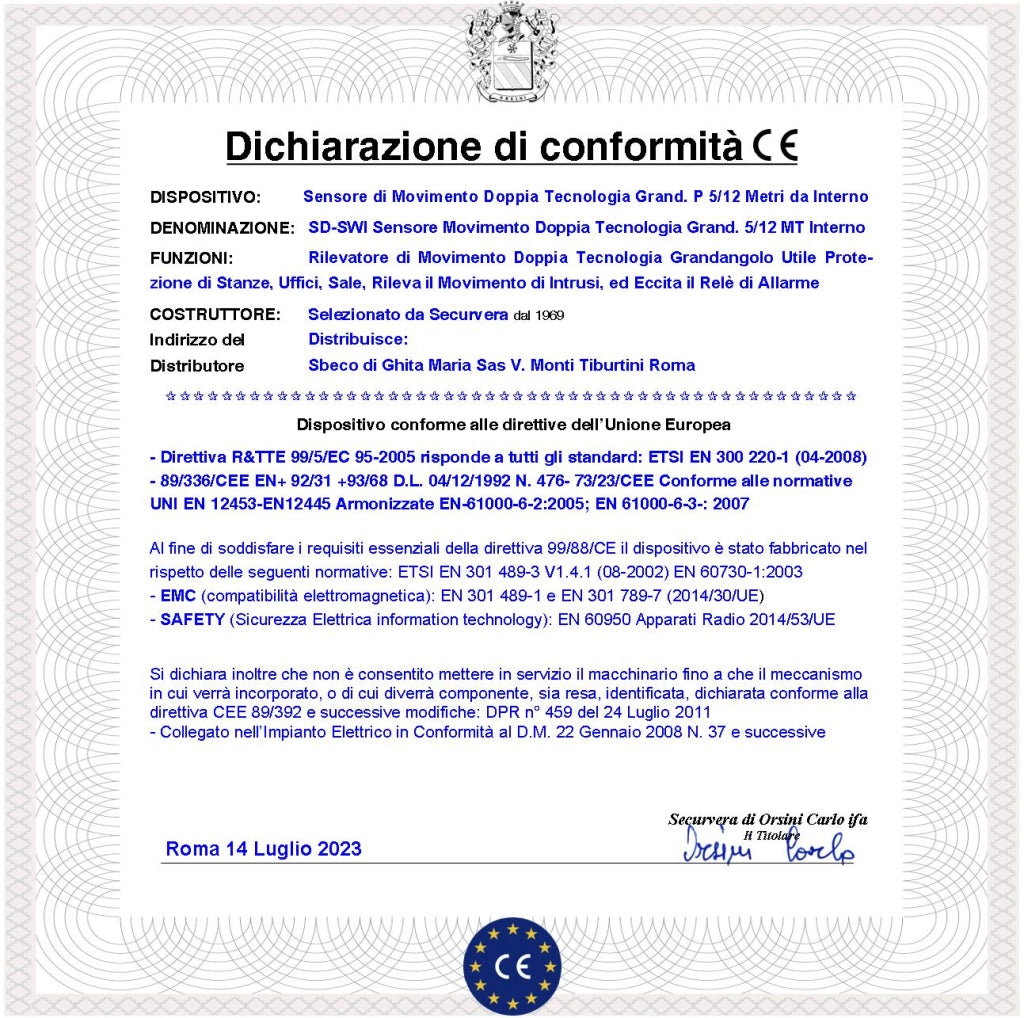 Rilevatore Movimento Doppia Tecnologia Grandangolo Per Antifurto Portata 12 MT da Interno Rileva Intrusi Aliment. 12 V Assorb. 40 mA Infrarosso Lente 25 Fasci su 4 Piani Contenitore Bianco Snodo ABS