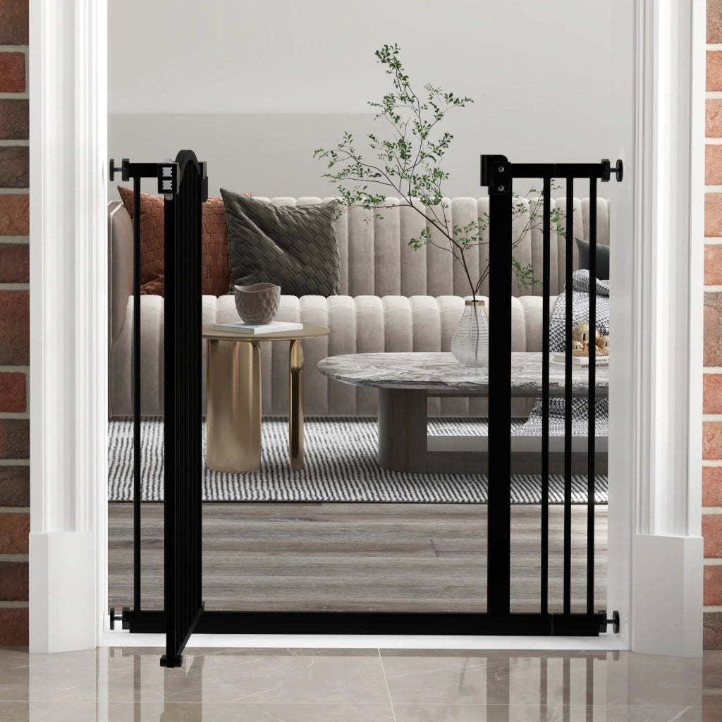 Cancelletto per Cani Estensibile 74-87x78 cm con 2 Blocchi e Chiusura Automatica in Metallo e Plastica Nero
