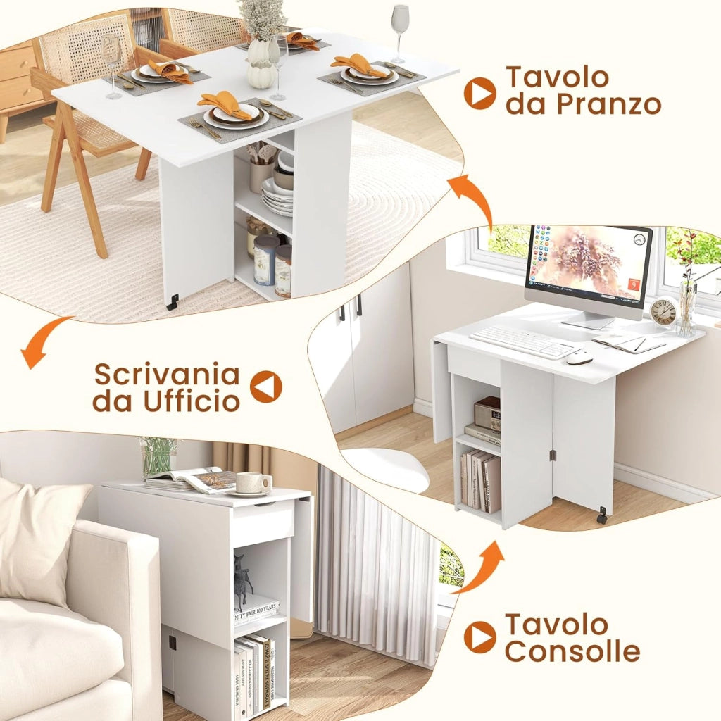 Tavolo da Pranzo Pieghevole, Tavolo Salvaspazio per 4-6 Persone con 2 Ripiani, Cassetto e Ruote a Freno, Tavolino Cucina per Soggiorno, Cucina e Ufficio (Bianco, 34-120 x 72 x 75 cm)