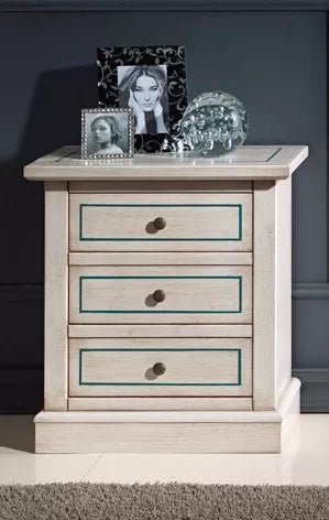 Comodino 3 cassetti legno shabby bianco anticato decori filo azzurro 60x35x64 - Mobili 2G