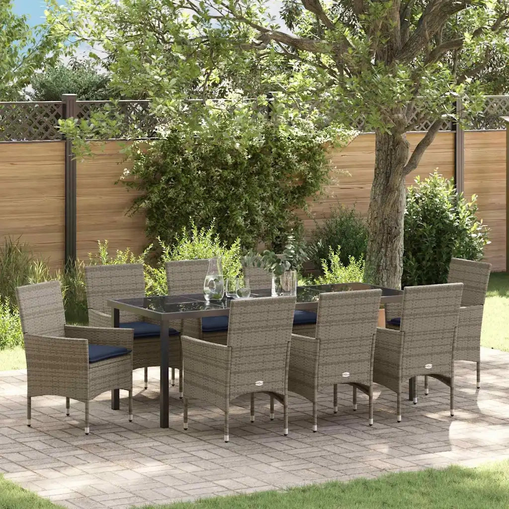Set di tavolo e sedie con cuscino 9 pcs Grigio Rattan in PE 3379834