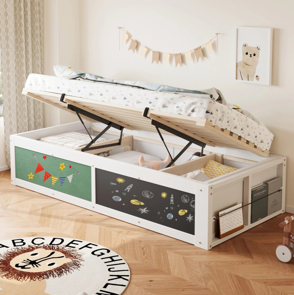 Letto per bambini 90x200 cm con contenitore idraulico; lavagna e pannello in feltro bianco