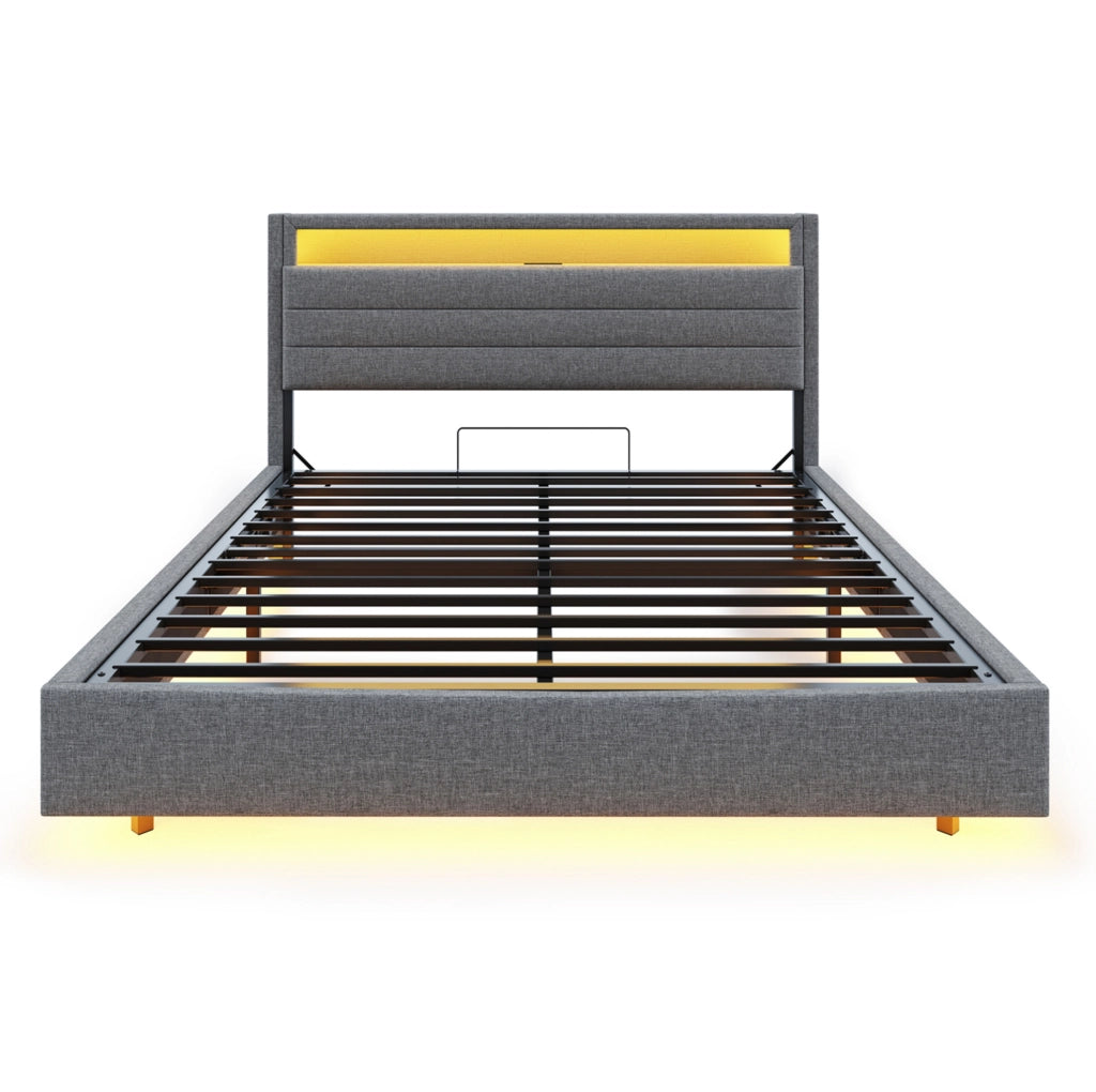 Letto imbottito 160x200 cm con USB; LED e contenitore in lino grigio