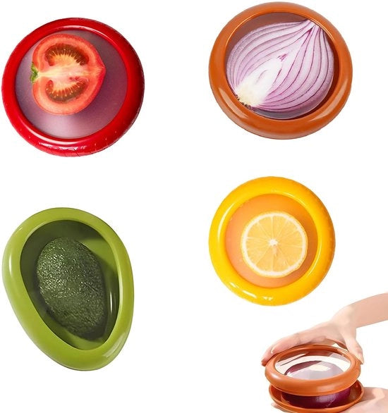 Pacchetto con 4 contenitori per conservazione di frutta e verdura in silicone, contenitori per conservazione di frutta e verdura in silicone riutilizzabili, contenitori per avocado, per conservare alimenti freschi (rosso, giallo, verde, marrone)