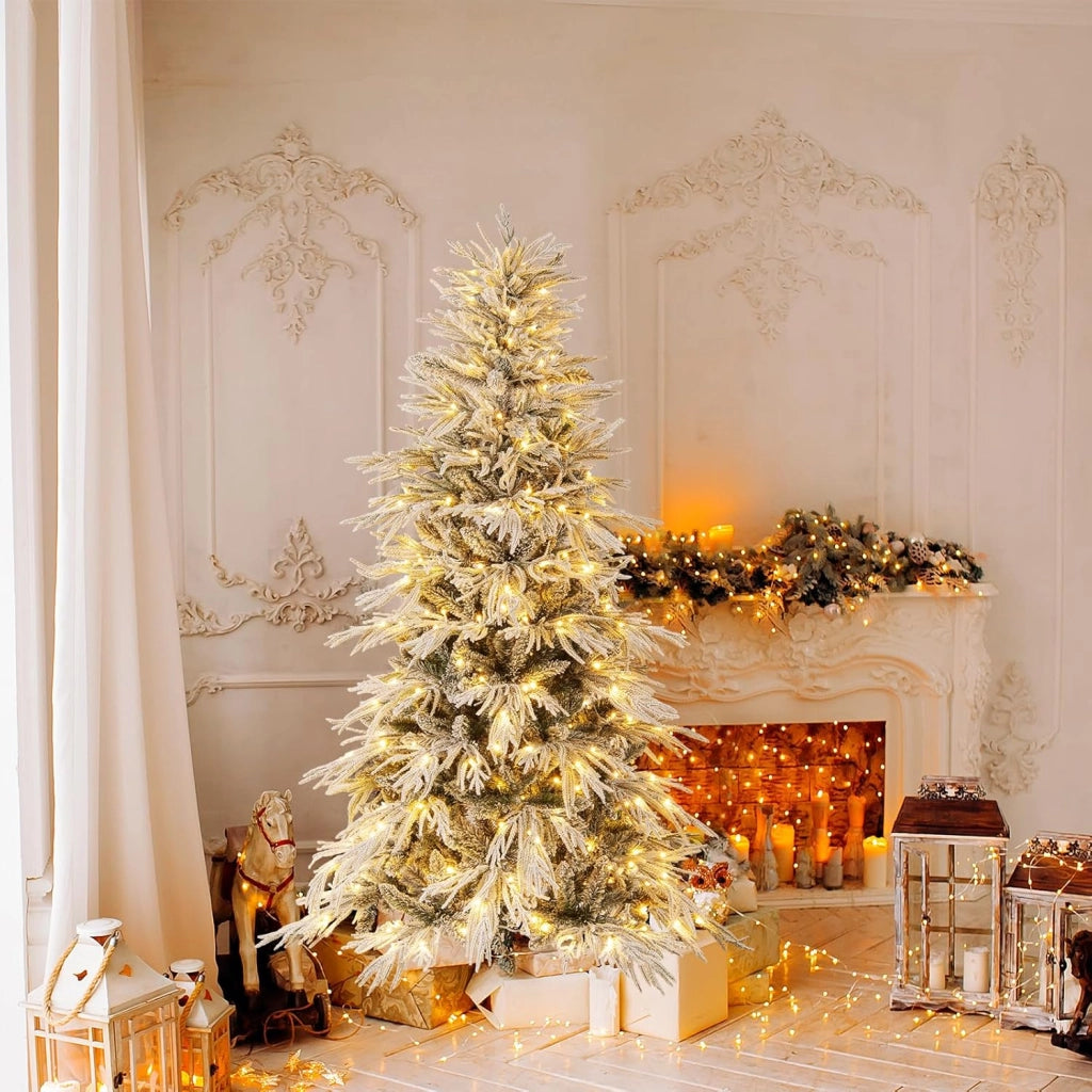 Albero di Natale Artificiale Innevato 180 cm, Albero di Natale Pre-illuminata con 250 Luci LED Bianco Caldo, 594 Punte di Ramo e Supporto in Metallo