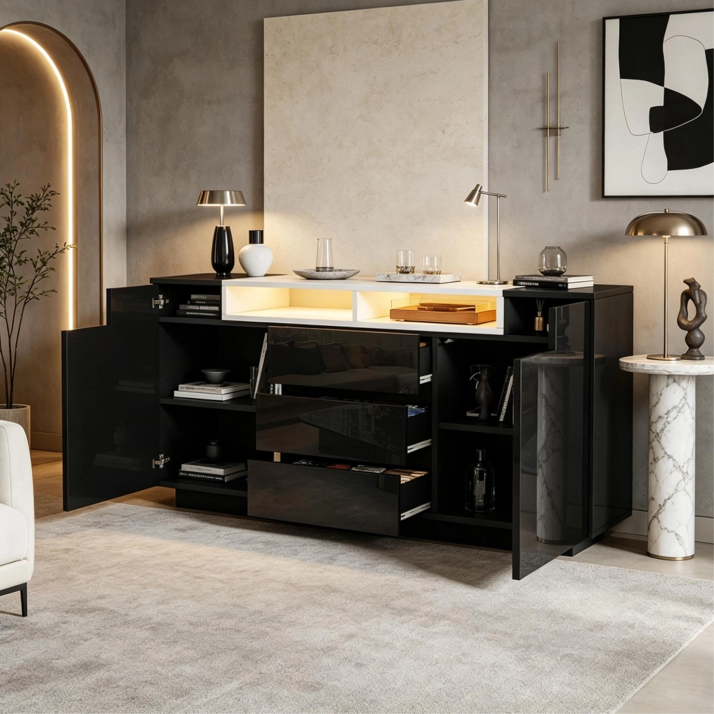 Credenza ULEVR 140x40x68 cm con 2 ante, 3 cassetti, ripiani semiaperti e LED, nero lucido