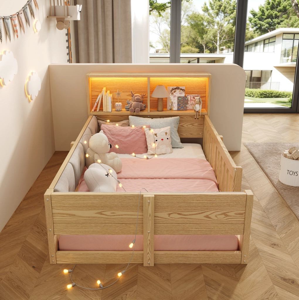 Letto per bambini 90x200 cm con sponde; testiera con spazio contenitore e luci LED; naturale