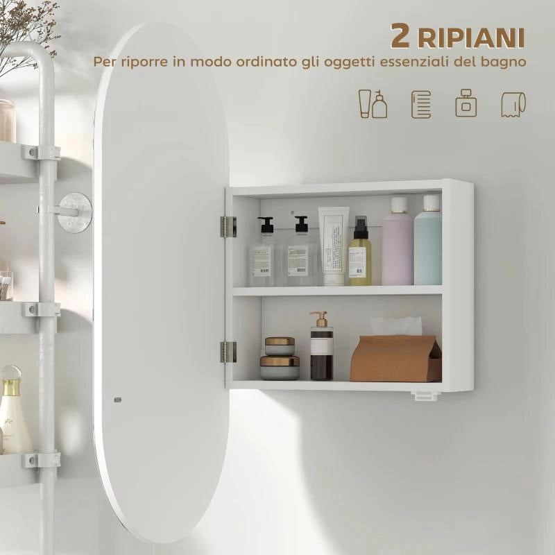 SPECCHIO BAGNO OVALE MODERNO CON ARMADIETTO E DUE RIPIANI, 45X90 CM, BIANCO
