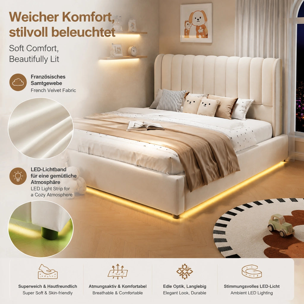 DESMIU letto contenitore bambino 140 × 200 cm 1 posto con 3 cassetti, LED, senza materasso, in velluto beige