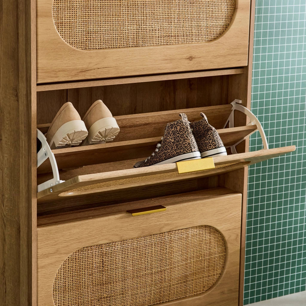 Scarpiera con decoro in legno e canna, 3 ante, marrone naturale