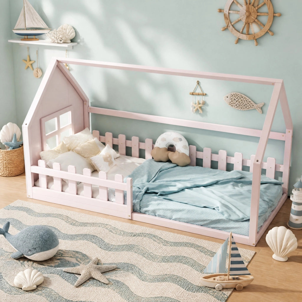LETTO a casetta 90x200 cm in pino e MDF rosa