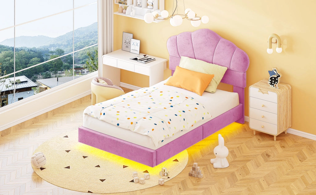 Letto imbottito per bambini con testiera a nuvola e LED, 90x200 cm, rosa