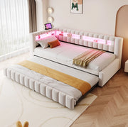 Letto divano estraibile 90×200 cm beige in velluto con LED, USB e Type-C