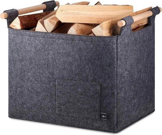 Carrello per legna da caminetto - conservazione della legna da ardere - borsa in legno grigia con maniglie