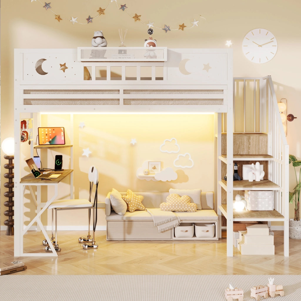 Letto a soppalco 90x200 cm con scrivania; pannello pegboard; ripiani; LED e USB; metallo bianco