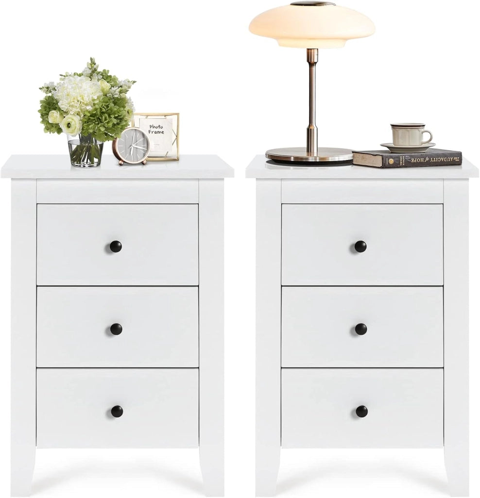 Comodino a 3 Cassetti, Comò Cassettiera Salvaspazio e Moderno in Legno, Mobile con Cassetti per Camera da Letto, Soggiorno, Cucina, Corridoio, 46 x 37 x 65 cm (Bianco x 2)
