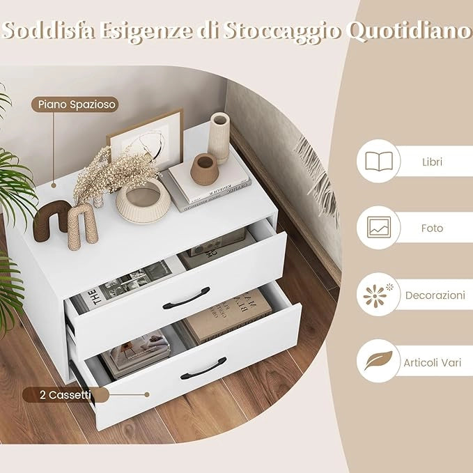 Organizzatore di Stoccaggio Impilabile con 2 Cassetti, Mobile Orizzontale con Kit Anti-Ribaltamento, Comò Multiuso per Soggiorno Studio Ufficio, 60x34x38 cm (Bianco)