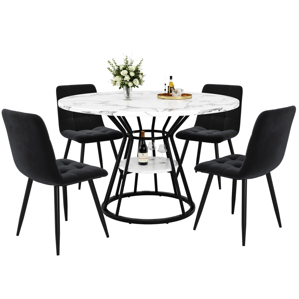 Tavolo da pranzo con 4 sedie in velluto, piano in MDF effetto marmo e base in metallo, nero, 100 × 100 × 76 cm